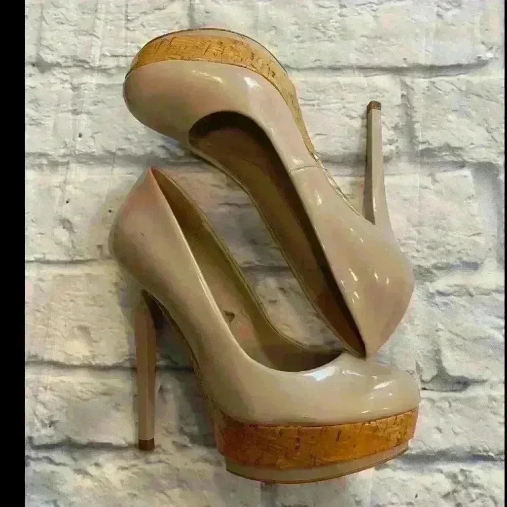 Zara Woman Nude Patent Leather Cork Platform Stiletto Pumps Heels 5.5 Inch Heel‎